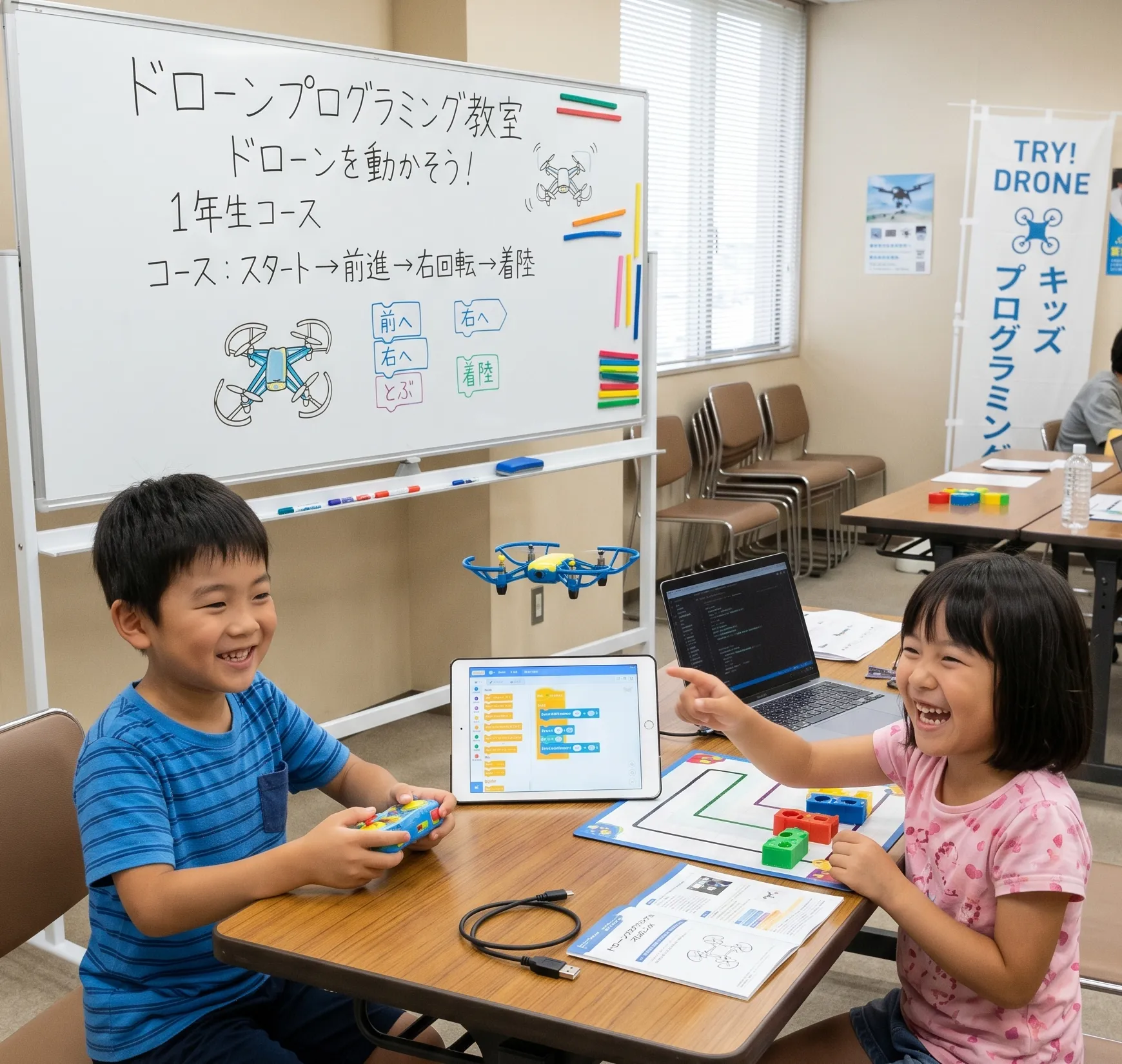 ドローンプログラミングに夢中になる子どもたち