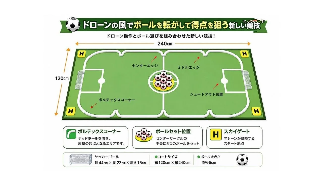 ドローンシュート公式コートの図解：240×120cm、スカイゲート・ボールセット位置・ゴール