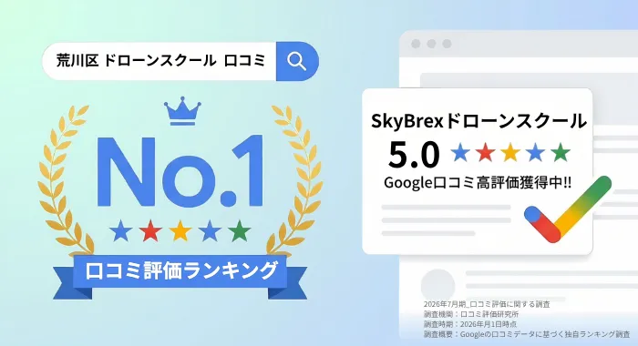 荒川区ドローンスクール口コミ評価ランキングNo.1 JUAVACドローンエキスパートアカデミー東京サテライト校 Google口コミ5.0獲得