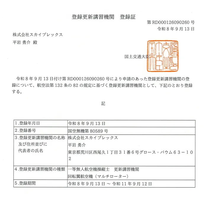 一等 登録更新講習機関 登録通知書